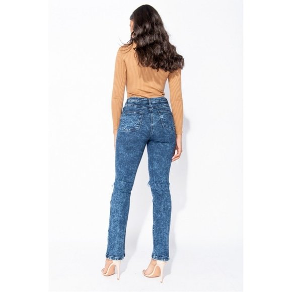 Blue Acid Wash High Waist Ripped Distressed Straight Leg Jeans Denim - Picture 6 of 13